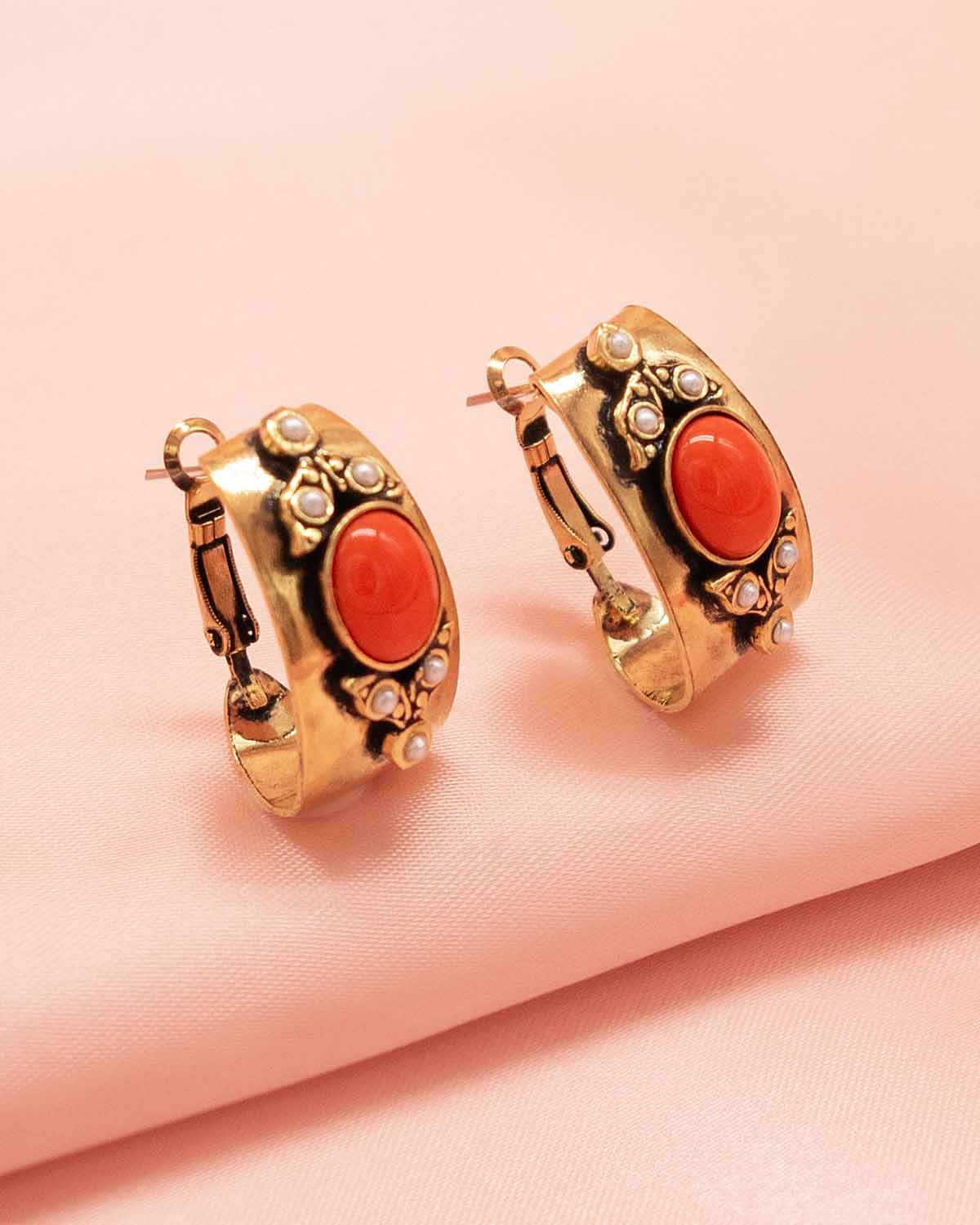 Coral Red Gold Hoop Earrings Vintage Style Jewelry Handmade in