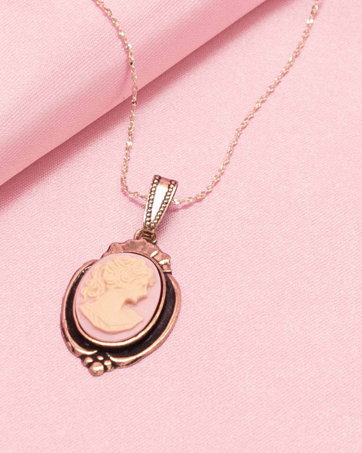 Rose Pink Cameo Gold Necklace Vintage Style Jewelry Handmade in